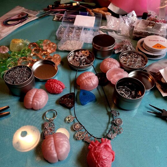 Handcrafted Gothic Anatomical Heart With Witchy Charms Pendant - Picture 2 of 4